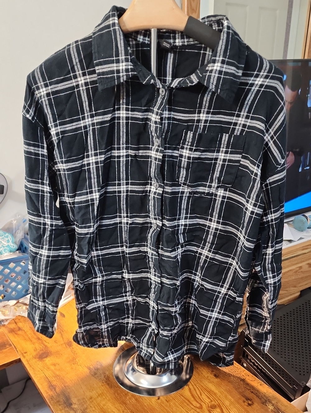 Art Class Kids Plaid Flannel Button Up Shirt Size XL (14) Unisex Black White